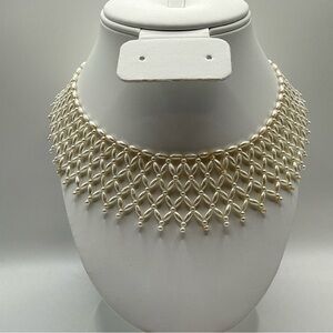 VTG Multi-strand Bib Faux White Pearl Choker Necklace, Japan Retro